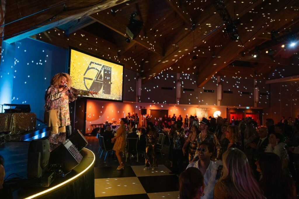 Guests filling the dance floor at a private party while Famous Players Band performs on stage